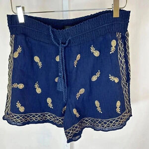 2/$30 J Crew Size Medium Pineapple Embroidered Shorts Drawstring Navy Cotton